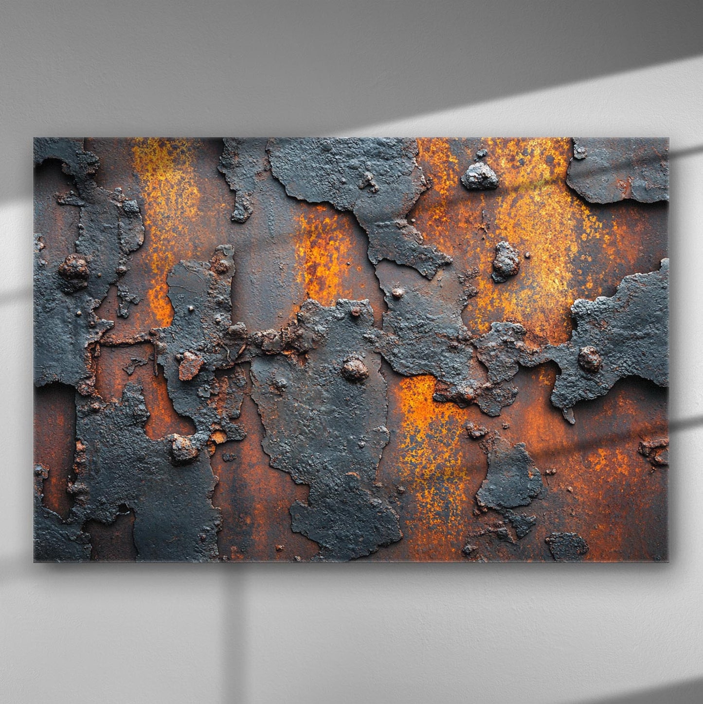 Industrial rust art canvas with orange and gray textures.