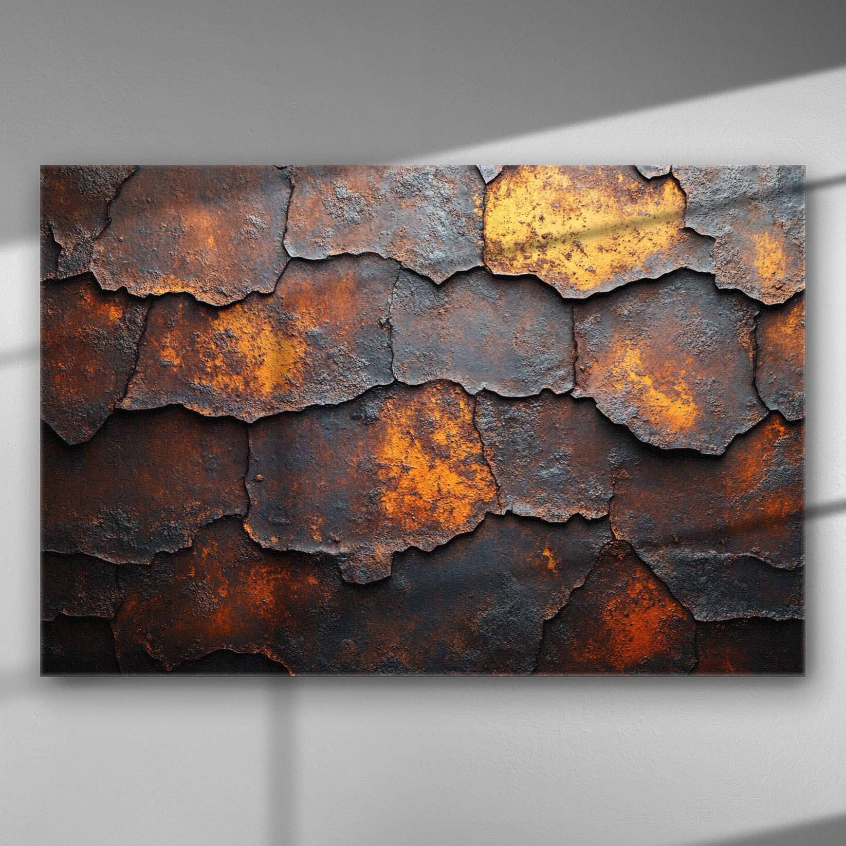 Rusted textures with red and orange color canvas print for modern and industrial style decor.