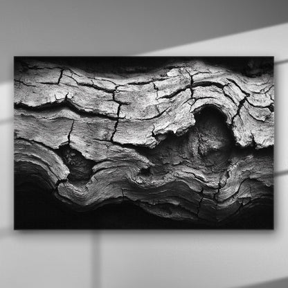 Close-up image of cracked wood texture in black and white on canvas.