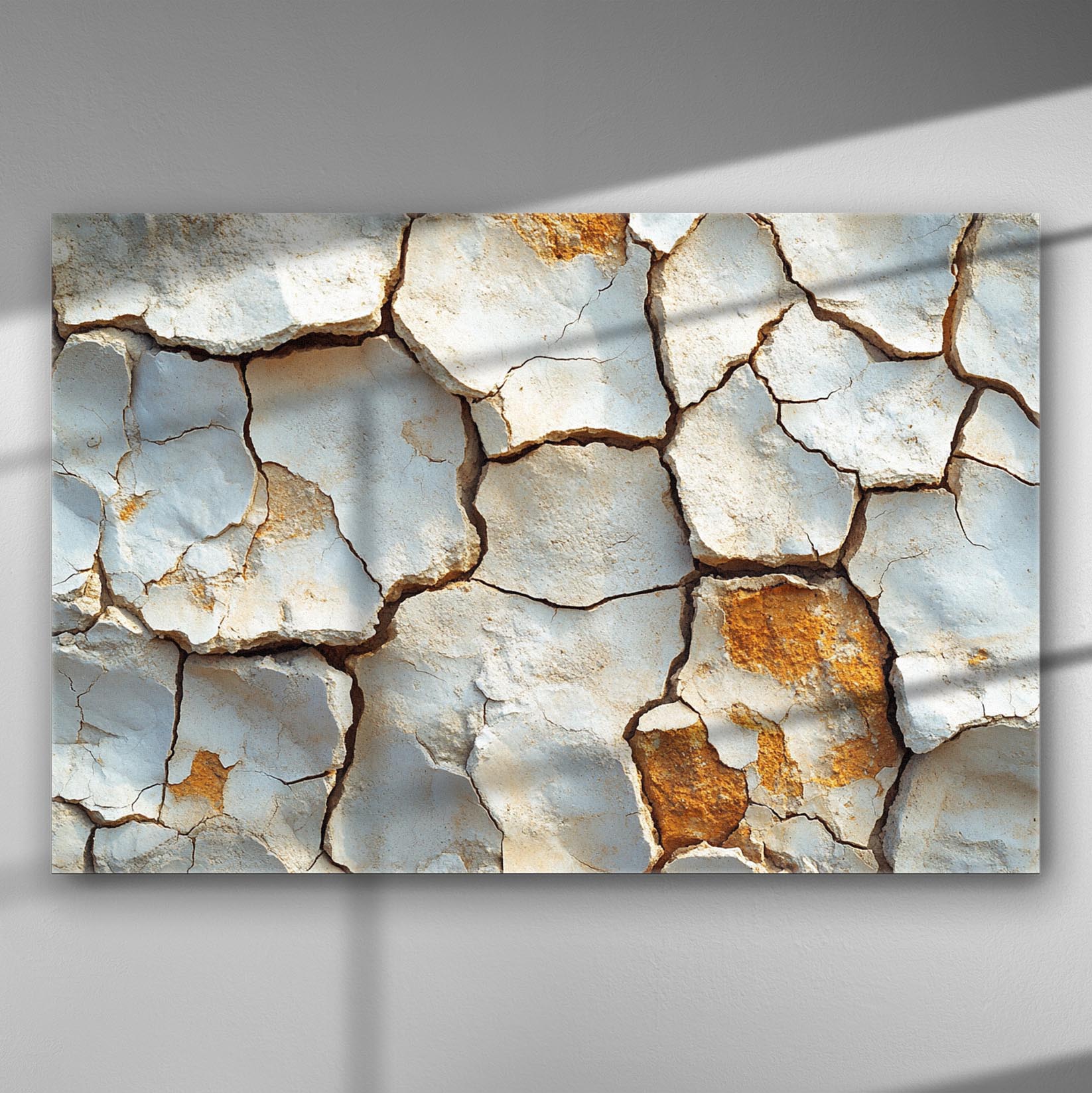 Cracked earth texture with shadows and highlights on a canvas print.