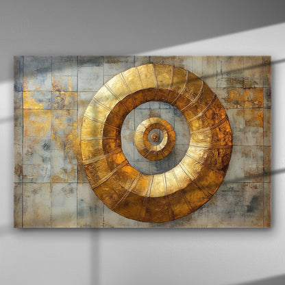 Abstract golden spiral artwork on canvas with metallic and earthy tones.