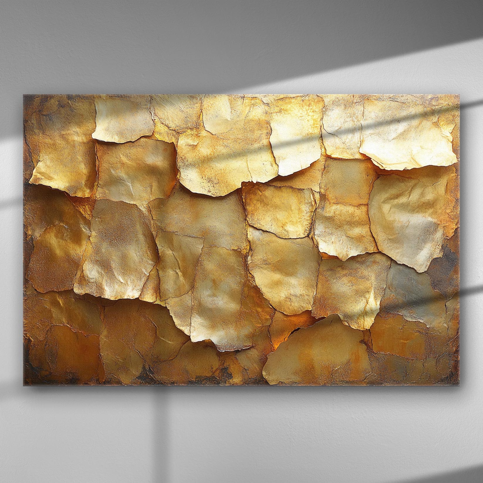 Abstract canvas art with gold layers creating a textured and luxurious appearance.