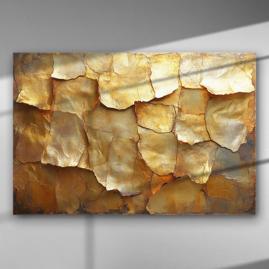 Abstract canvas art with gold layers creating a textured and luxurious appearance.