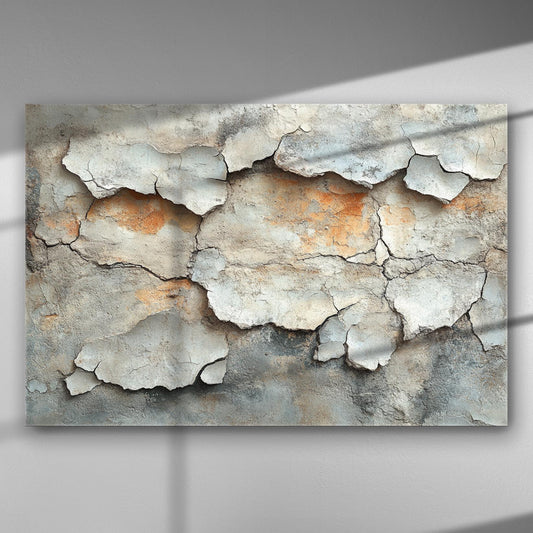 Peeling plaster texture with orange and grey hues on a canvas print, suitable for contemporary home and office decor.