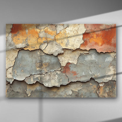 A canvas featuring cracked and peeling paint in shades of orange, beige, and blue, showcasing a rustic texture.