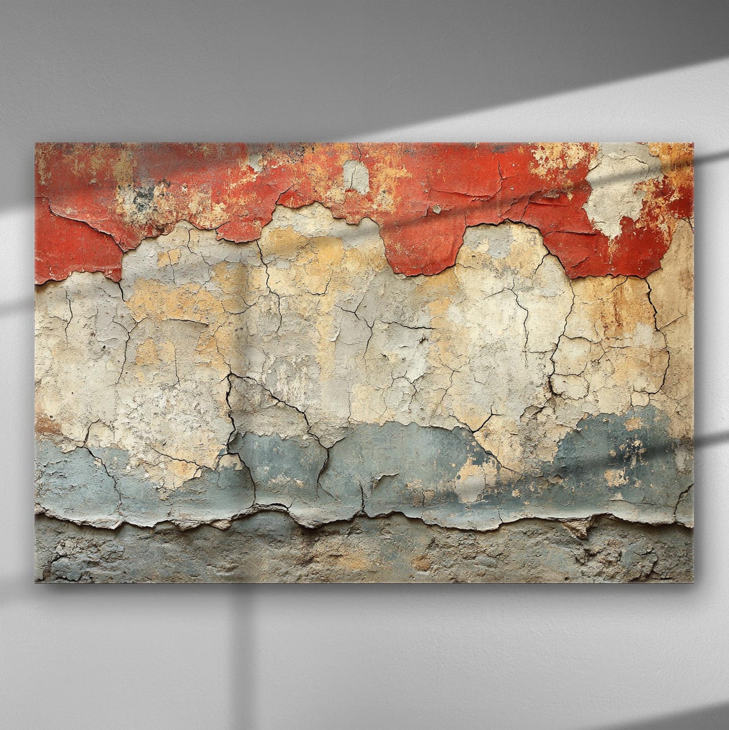 Close-up of a weathered textured wall with red, blue, and cream layers on canvas.
