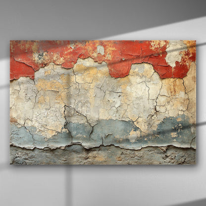 Close-up of a weathered textured wall with red, blue, and cream layers on canvas.