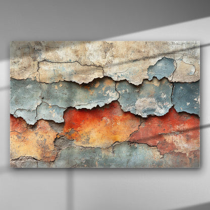 Abstract canvas print displaying textured layers of peeling paint in shades of blue, cream, orange, and red.