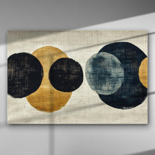 Abstract canvas print with circular patterns in warm yellow and blue hues.