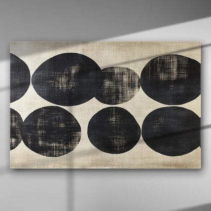 Abstract black circles on a textured fabric canvas with a geometric modern design.