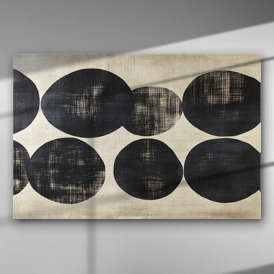 Abstract black circles on a textured fabric canvas with a geometric modern design.