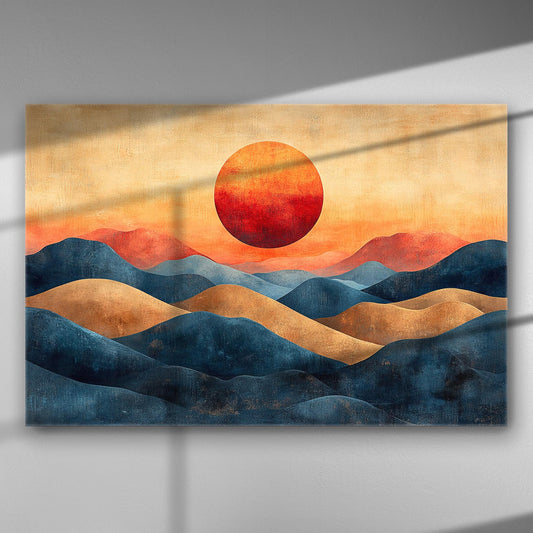Abstract landscape of rolling hills with a large red sun, in shades of blue and gold.
