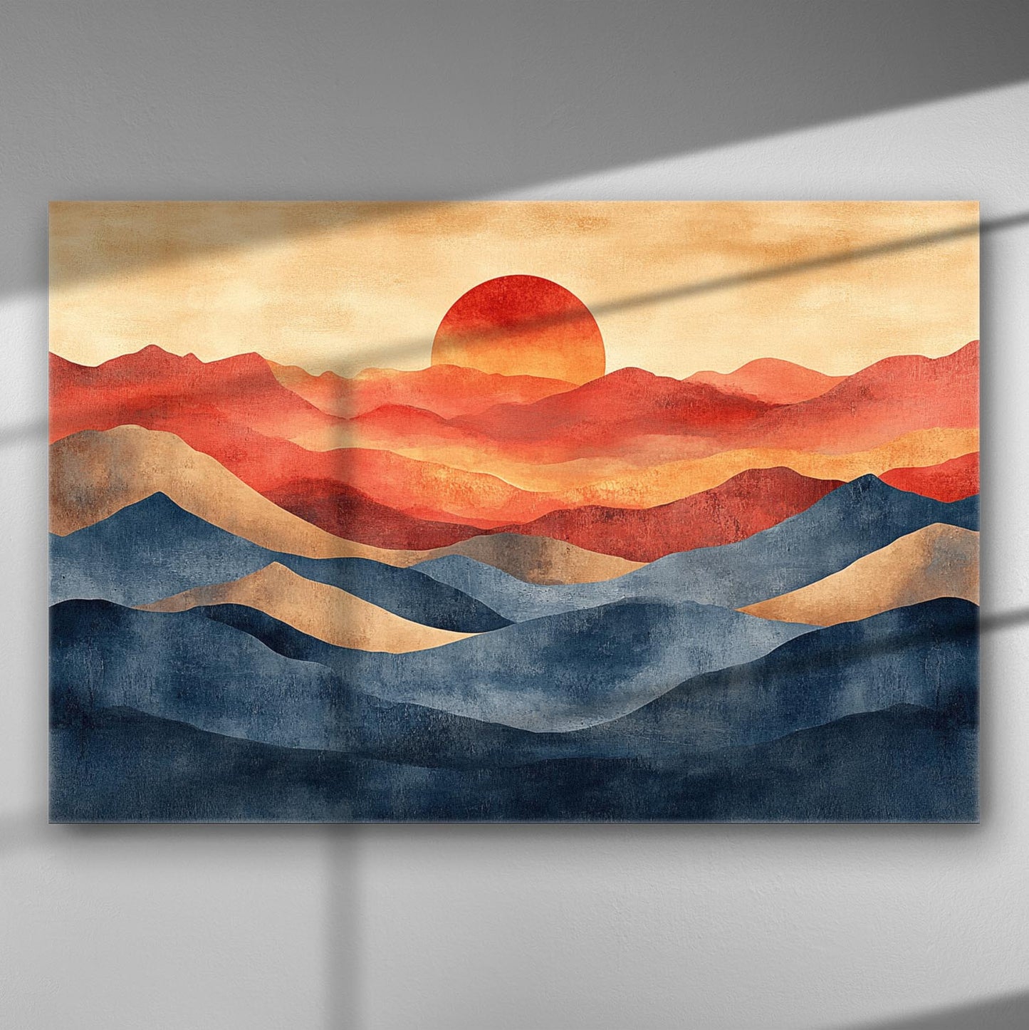 Abstract landscape canvas print depicting a sunset with layered red, orange, and blue mountain silhouettes.