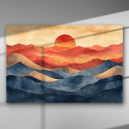 Abstract landscape canvas print depicting a sunset with layered red, orange, and blue mountain silhouettes.