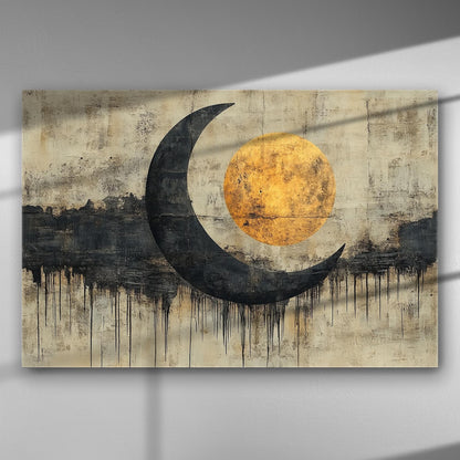 Canvas print with a black crescent moon and golden sun on a textured background.