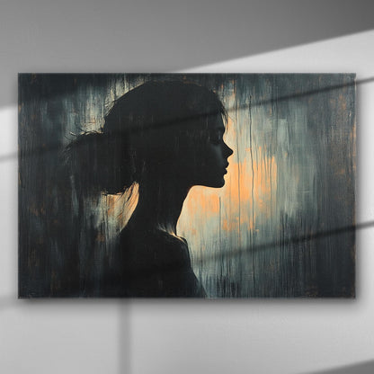 Silhouette of a woman in shadow with a soft light background, canvas art.