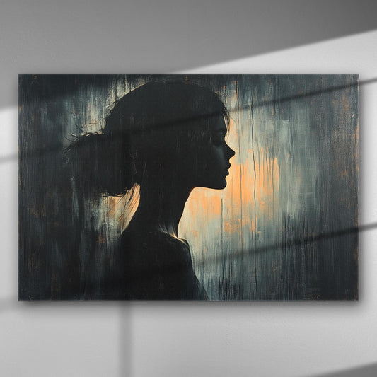 Silhouette of a woman in shadow with a soft light background, canvas art.