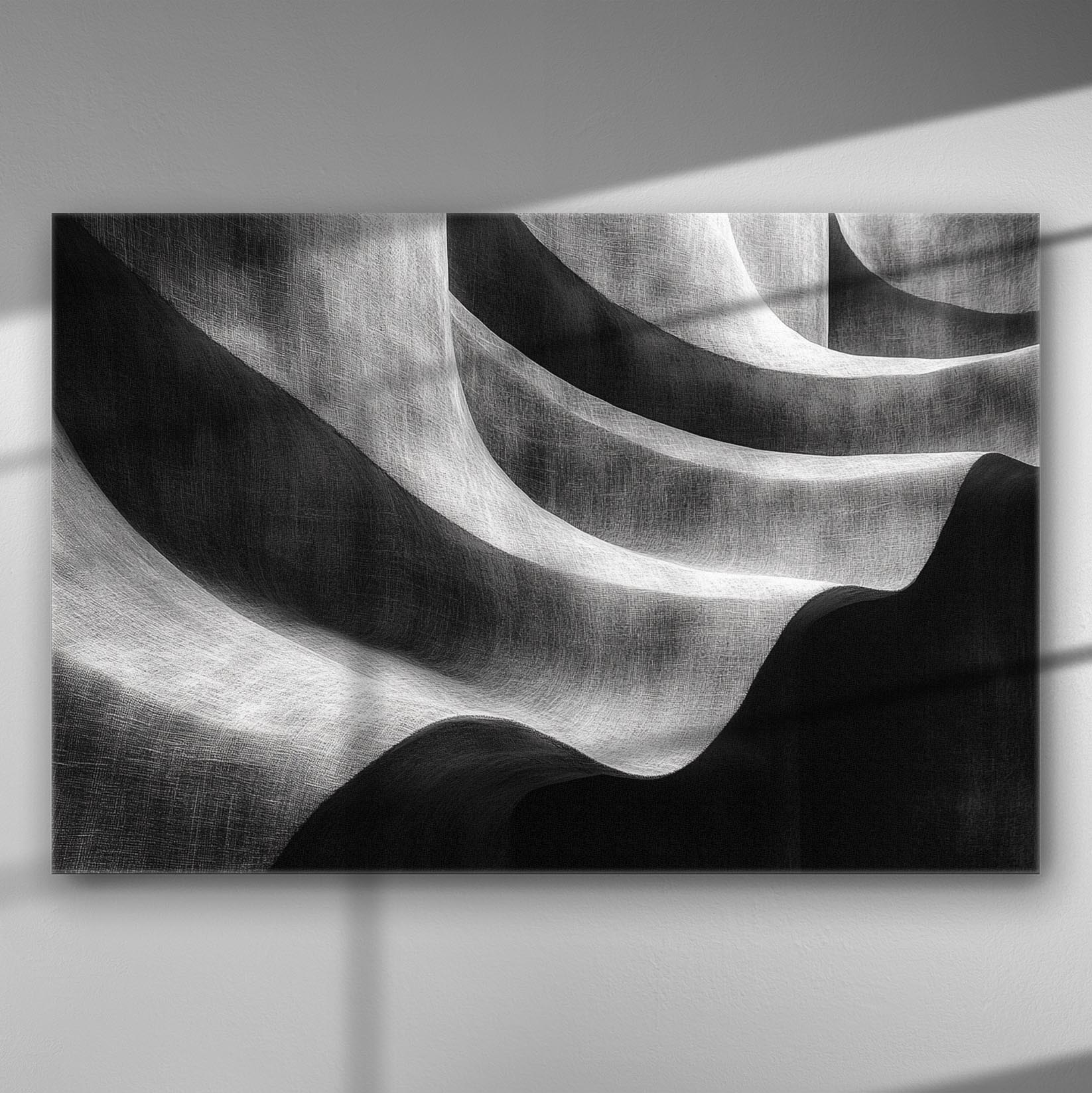 Abstract black and white canvas with wave-like patterns and shadows.