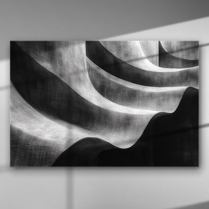 Abstract black and white canvas with wave-like patterns and shadows.