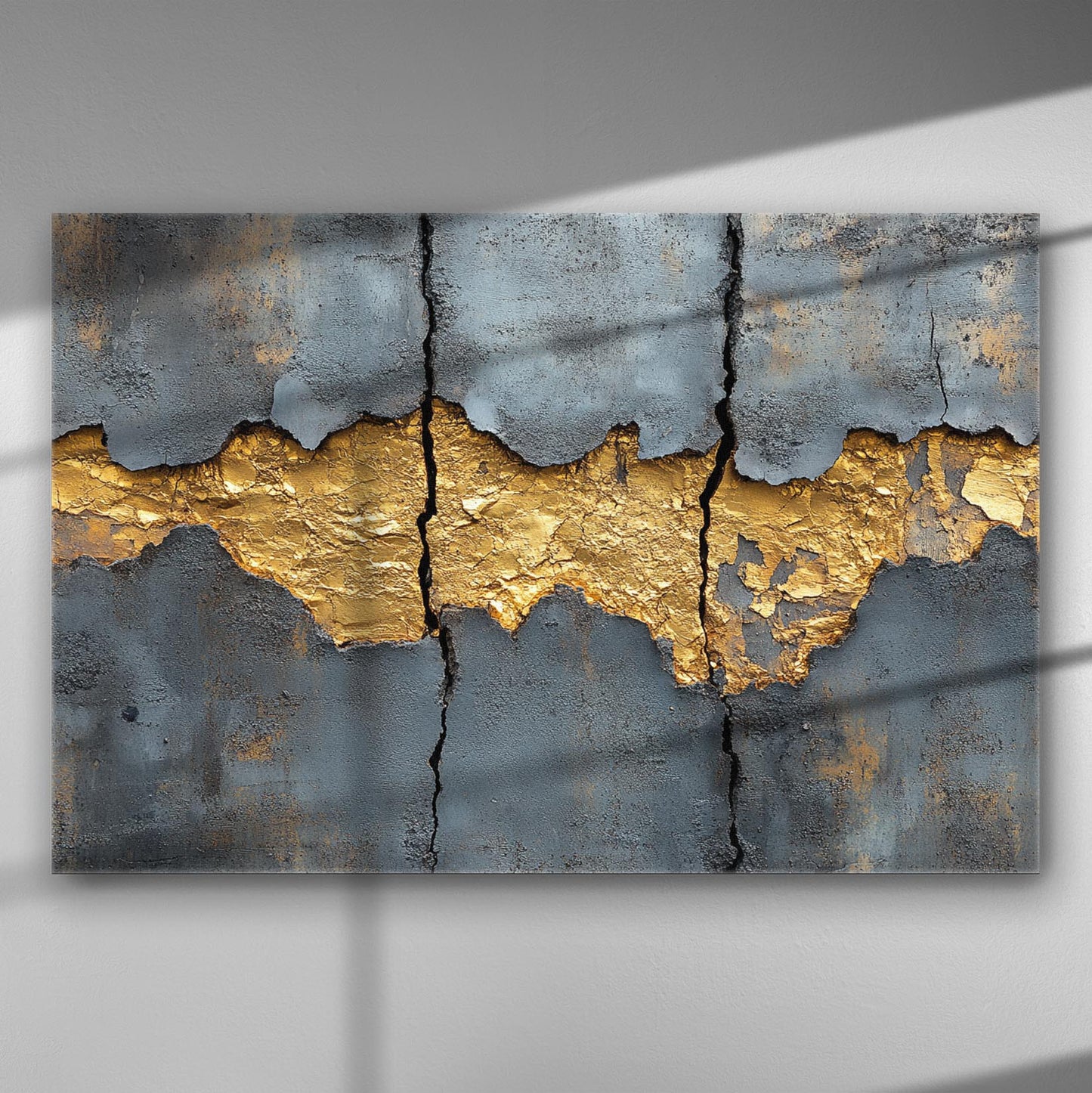 Abstract canvas print with a gold crack on a blue background, perfect for modern decor.