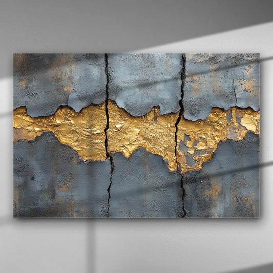 Abstract canvas print with a gold crack on a blue background, perfect for modern decor.