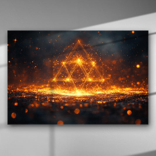 Abstract geometric light pattern in warm golden hues on canvas, creating a modern glowing artwork.
