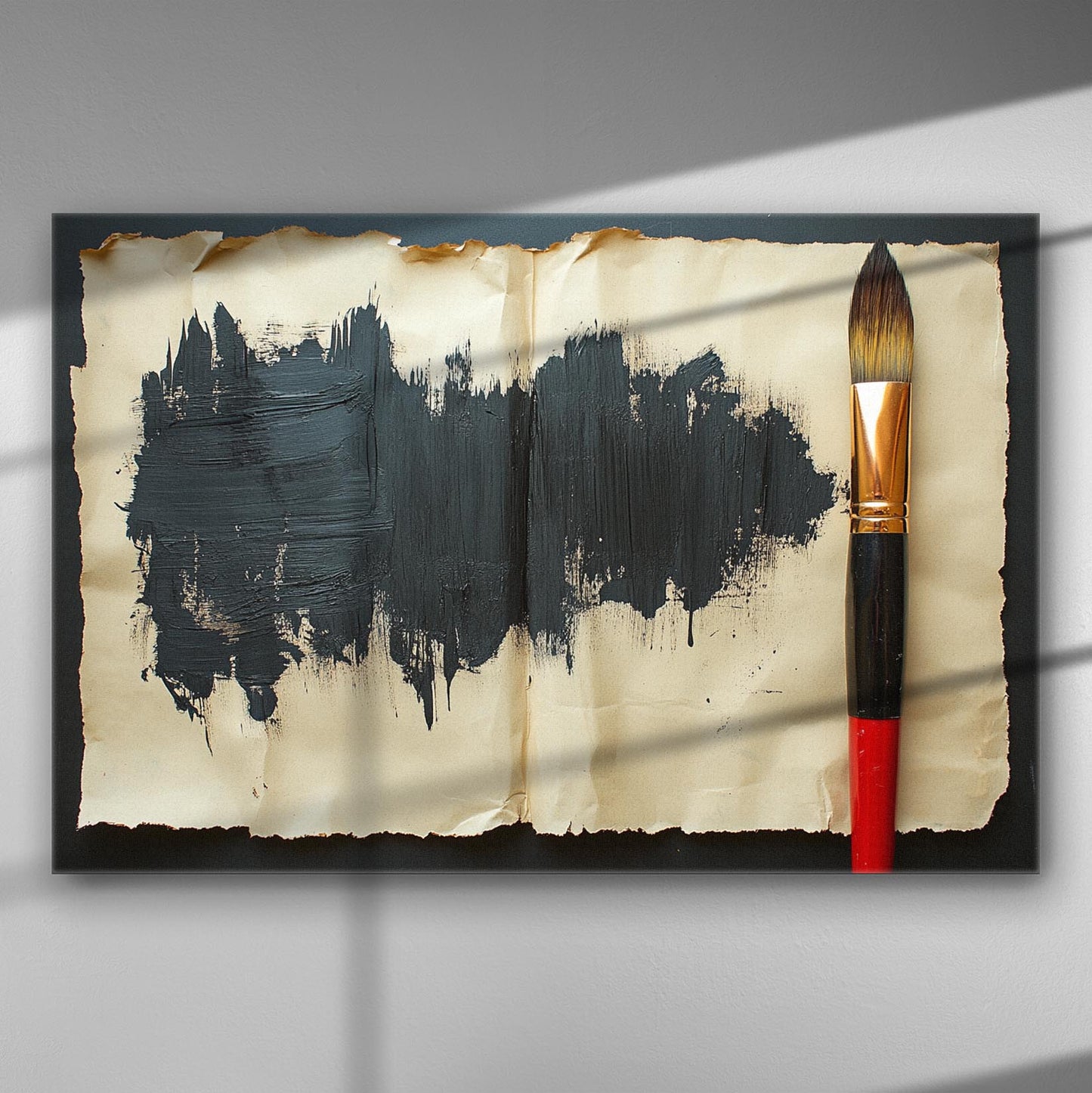 Canvas print featuring a vintage canvas with a black brushstroke and a paintbrush on the side.