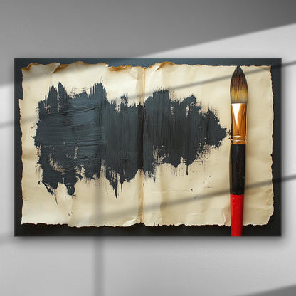 Canvas print featuring a vintage canvas with a black brushstroke and a paintbrush on the side.