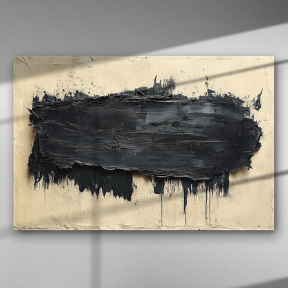 Abstract art with thick black brushstroke on a light background canvas.