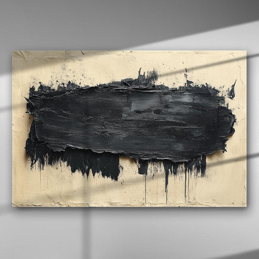 Abstract art with thick black brushstroke on a light background canvas.