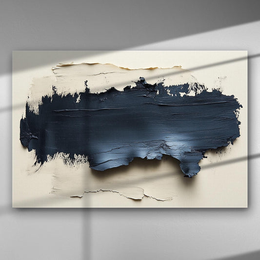 Abstract canvas art with thick black and navy texture against a light background.