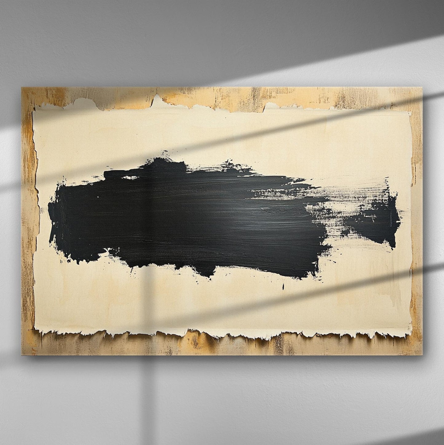 Abstract black paint stroke on a distressed canvas background, wall art print.