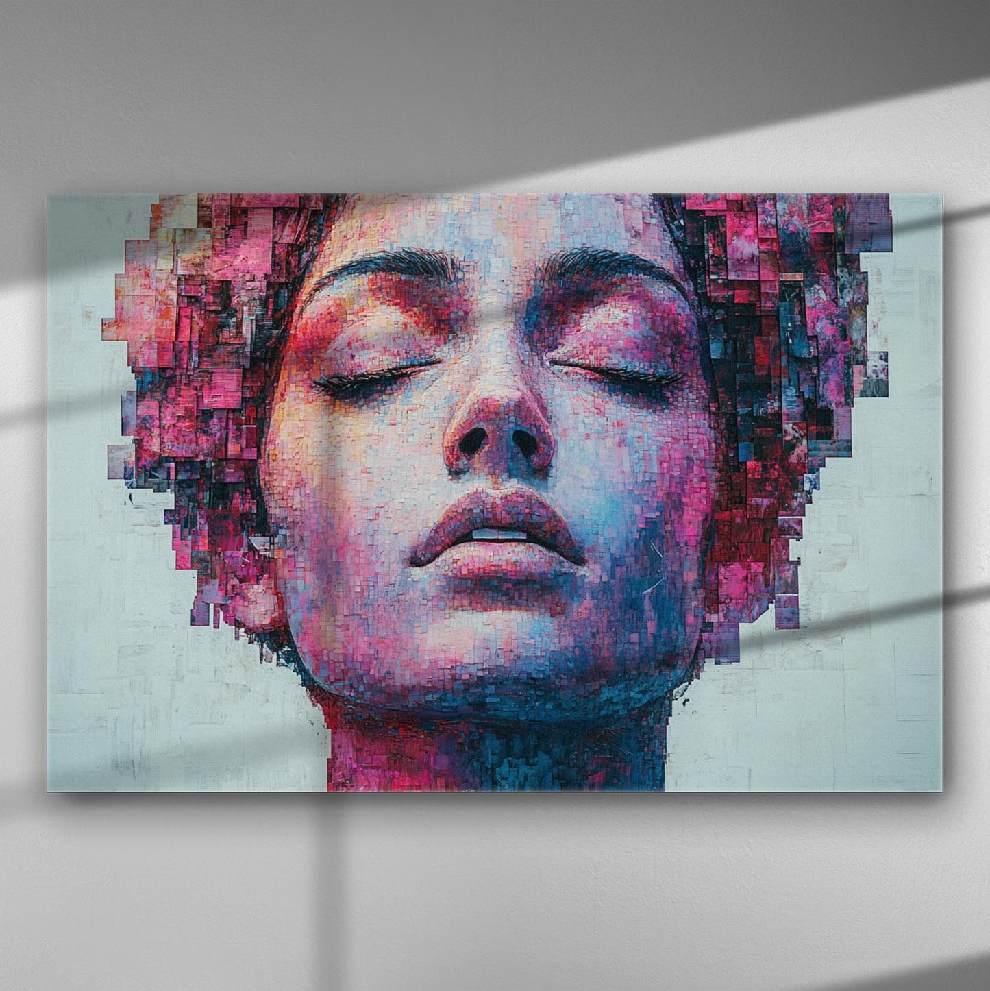 Portrait of a woman with closed eyes, in pink and blue abstract pixelated style on canvas.