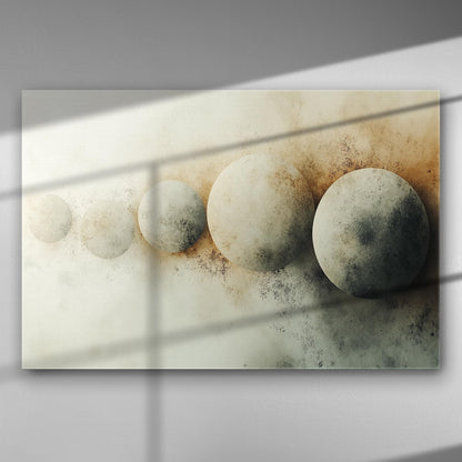Abstract cosmic design with circles on a canvas, resembling planets with dust-like textures in white and brown hues.
