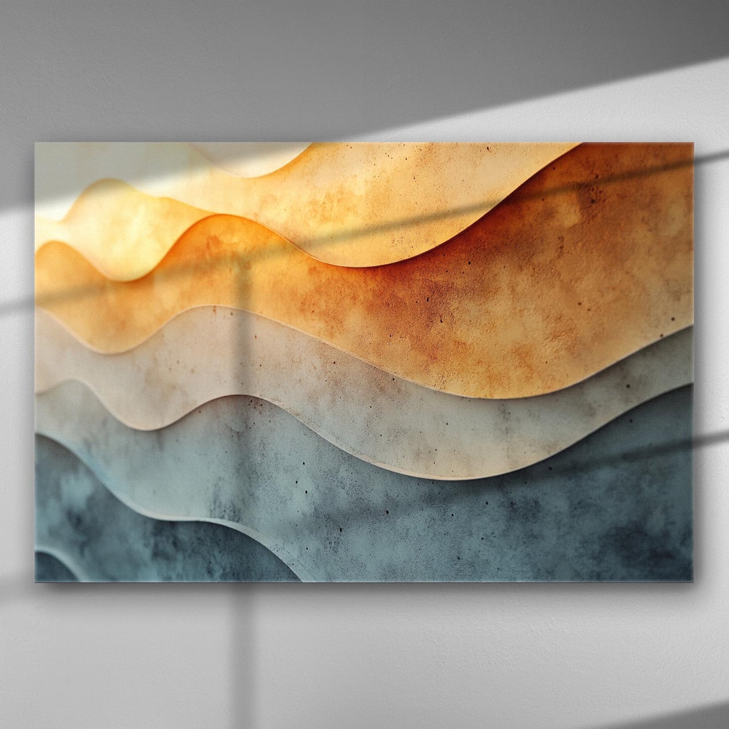 Abstract canvas print with gentle gradient waves in warm and cool tones.