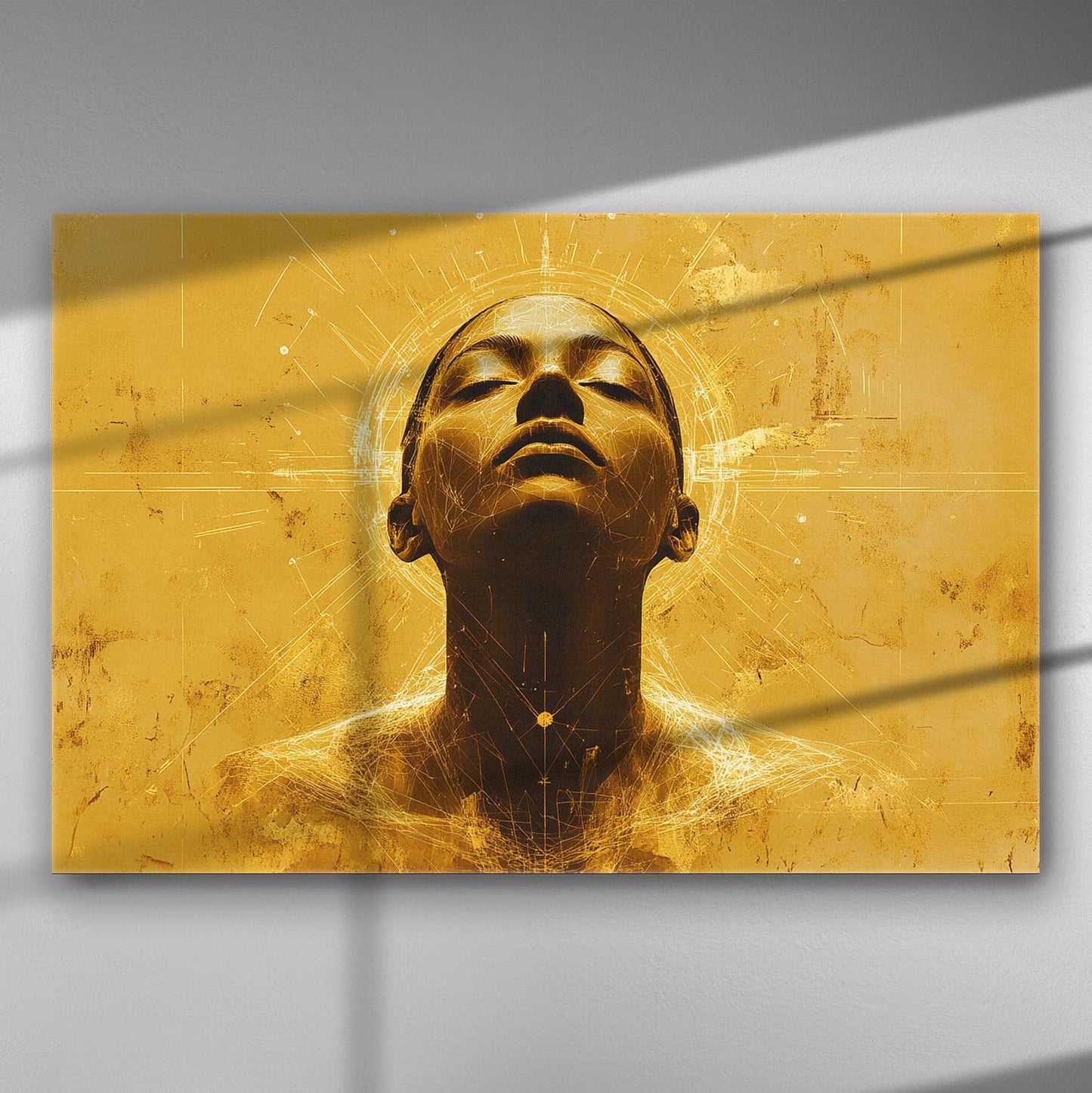 A vibrant painting of a face surrounded by a radiant halo in warm golden tones.