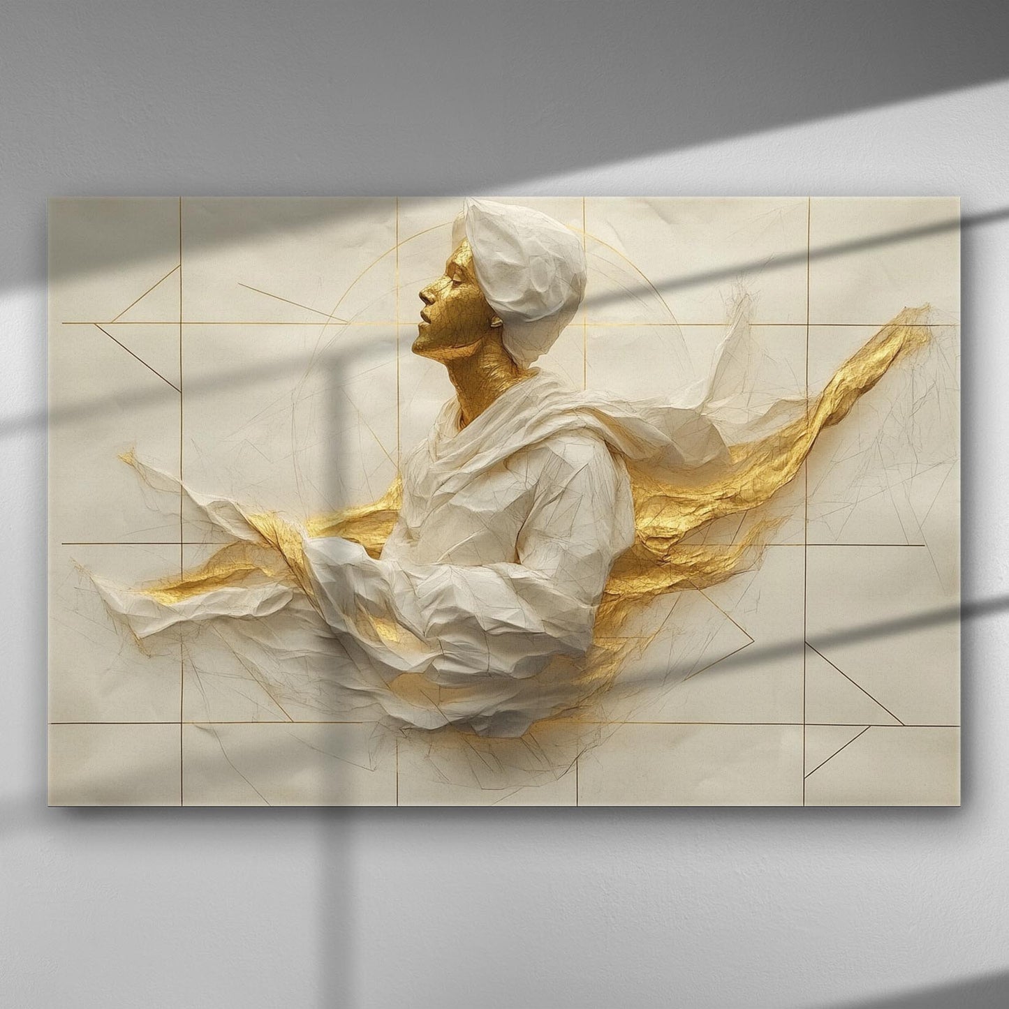 3D canvas art with a golden sculpture emerging from the surface, blending geometric patterns and shadows.