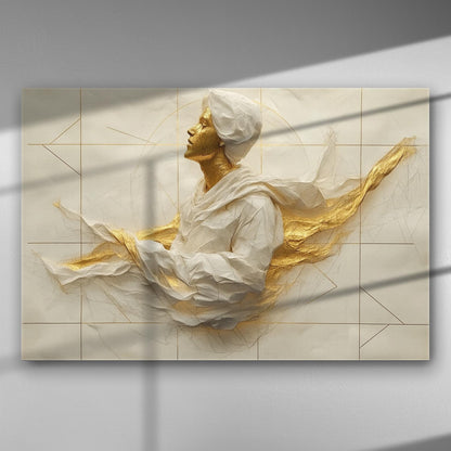 3D canvas art with a golden sculpture emerging from the surface, blending geometric patterns and shadows.