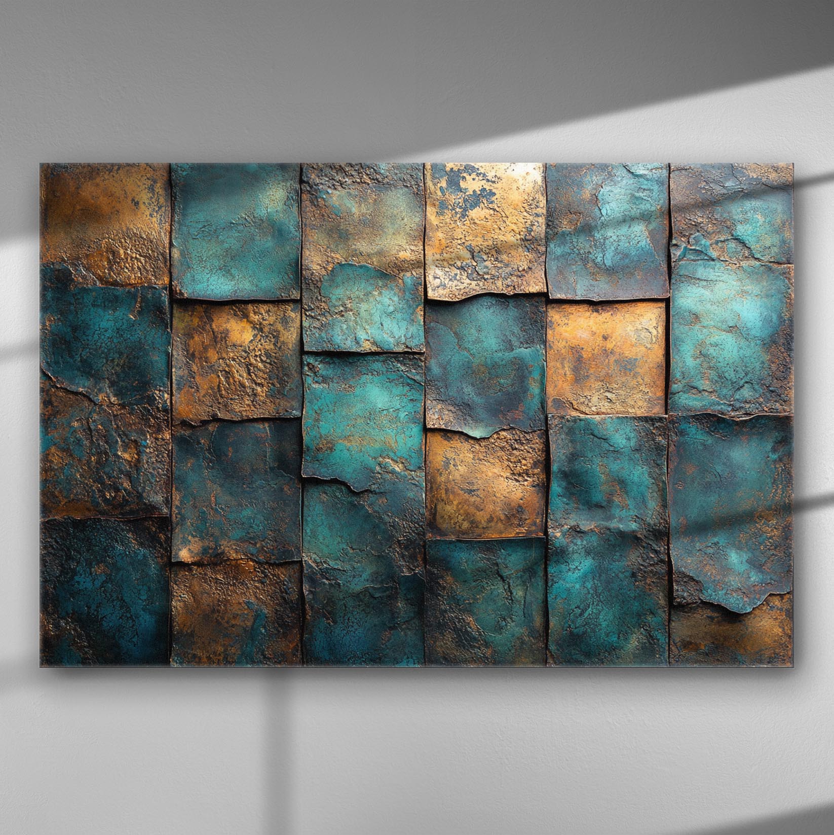 Abstract textured canvas with copper and turquoise tones.
