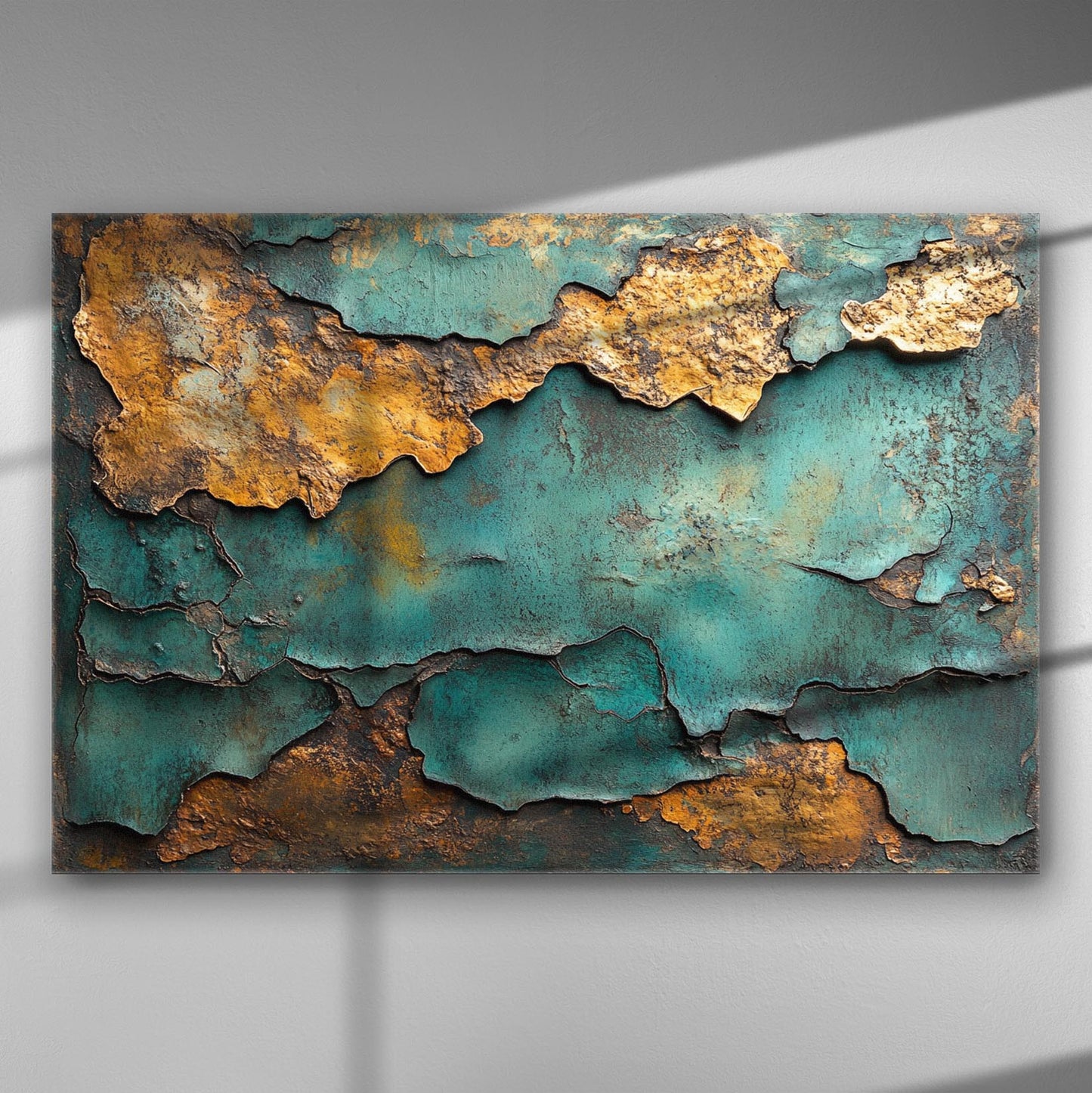 Abstract canvas print with turquoise and gold metal patina texture.