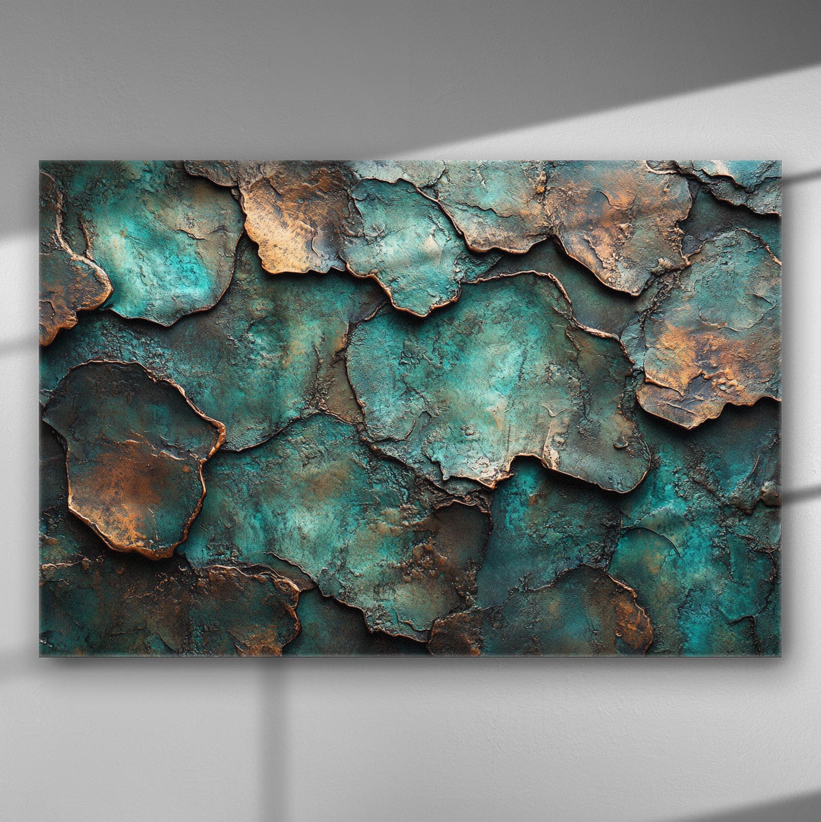 Abstract artwork featuring oxidized patina leaves in turquoise and bronze tones on canvas.