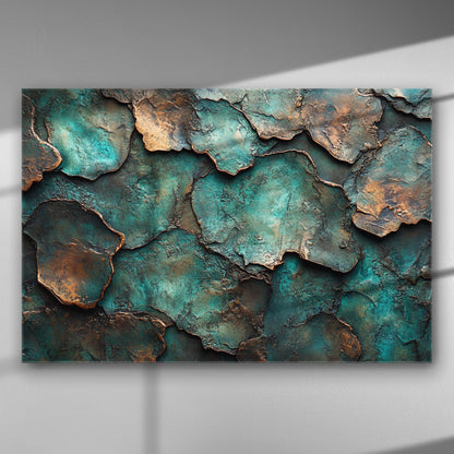Abstract artwork featuring oxidized patina leaves in turquoise and bronze tones on canvas.
