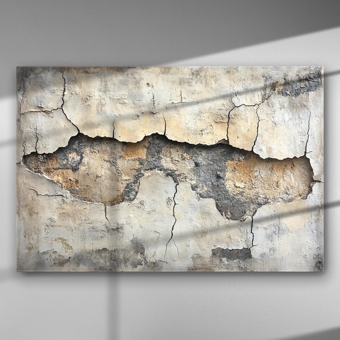 Abstract art with cracked texture on a canvas print, featuring earthy tones and a distressed appearance.