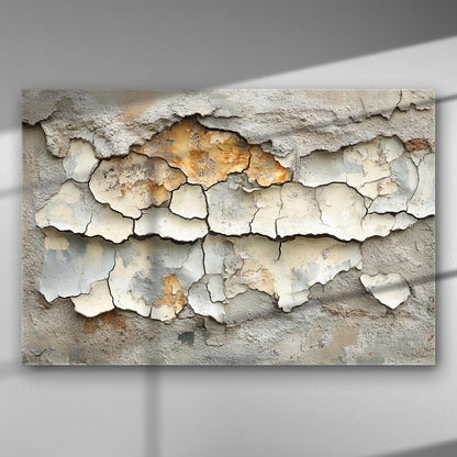 Close-up of a cracked and peeling wall surface canvas print.