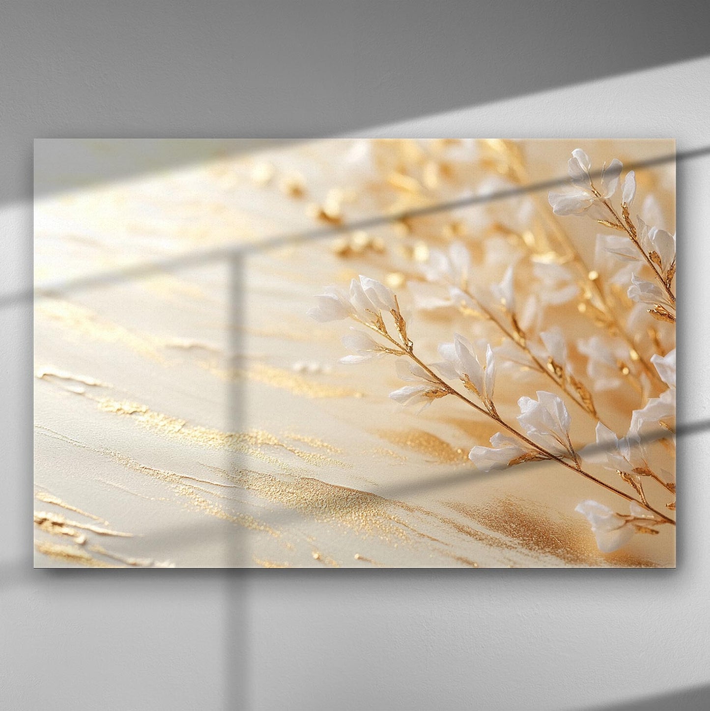 Golden details with white flowers on a canvas print, creating an elegant and luxurious aesthetic.