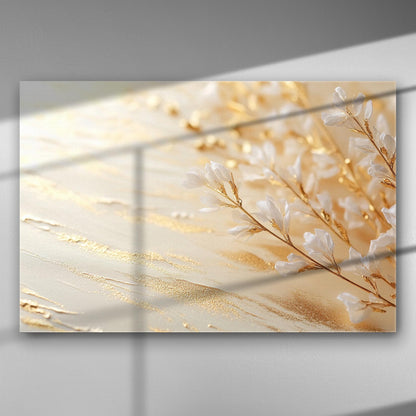 Golden details with white flowers on a canvas print, creating an elegant and luxurious aesthetic.