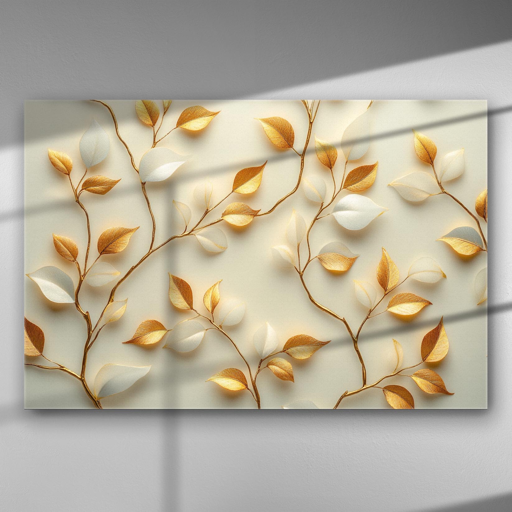 Canvas print featuring golden and white leaves on branches against a light background, creating a serene and elegant art piece