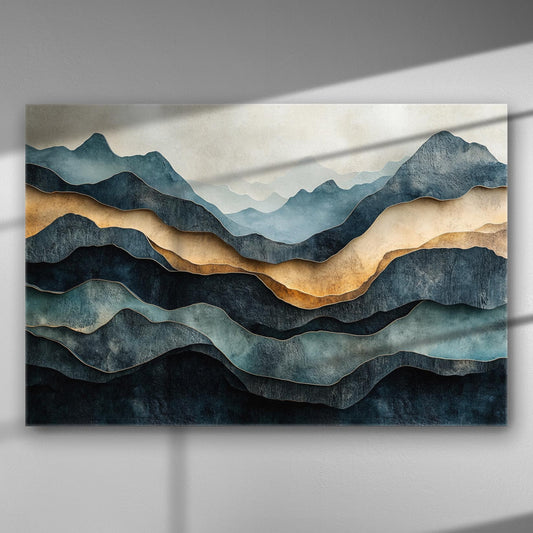 Mountain silhouette canvas print in calming blues and browns.