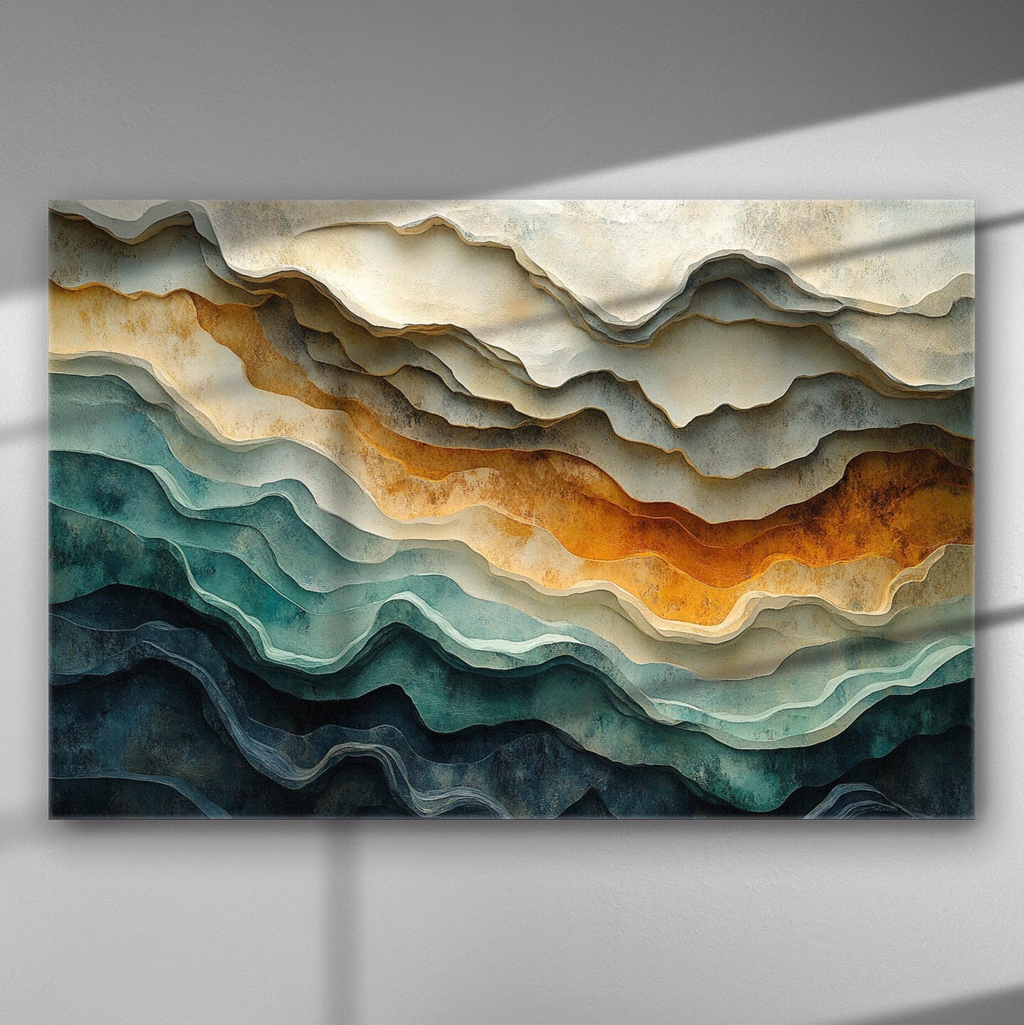 Abstract landscape with geometric layers in earthy and blue tones on canvas