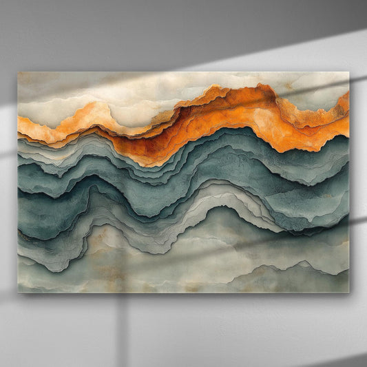Abstract canvas print with geological layers in orange and blue tones.